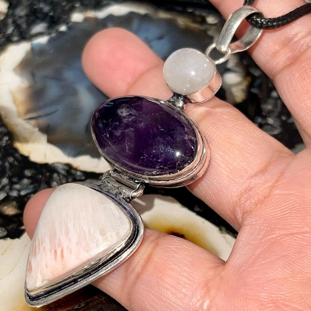 Crystal Pairing of Amethyst, Scolecite & Rainbow Moonstone Pendant 3”
